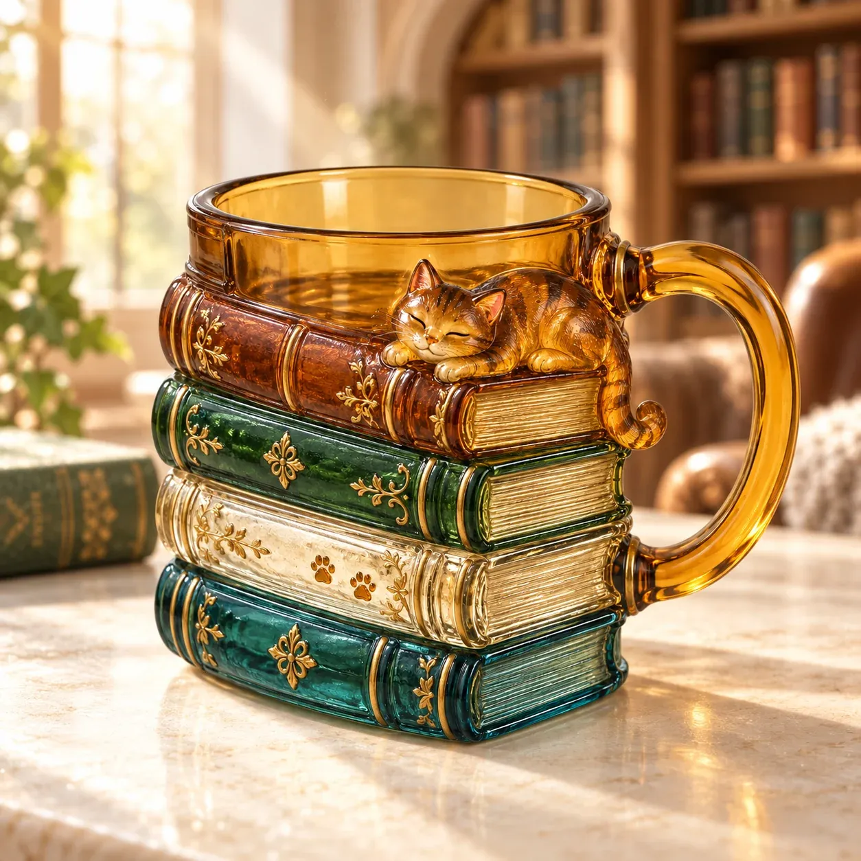 Book stack cat mug in a warm library setting Book stack cat mug in a warm library setting