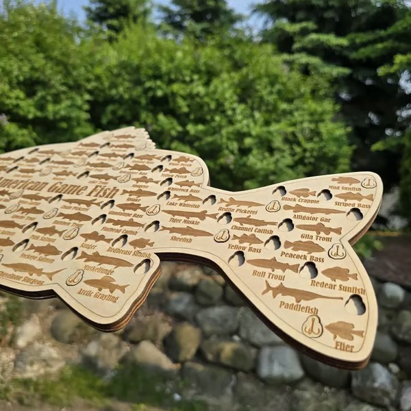 🎣 American Game Fish Sign with Hook Cutouts to Track Your Catch