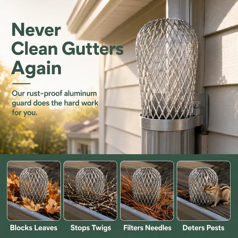 Gutter outlet strainer blocking leaves twigs and pine needles