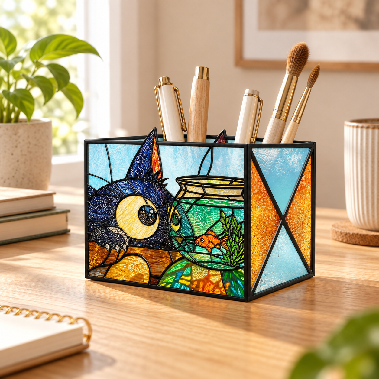 Cat and fishbowl organizer holding brushes on a bright desk