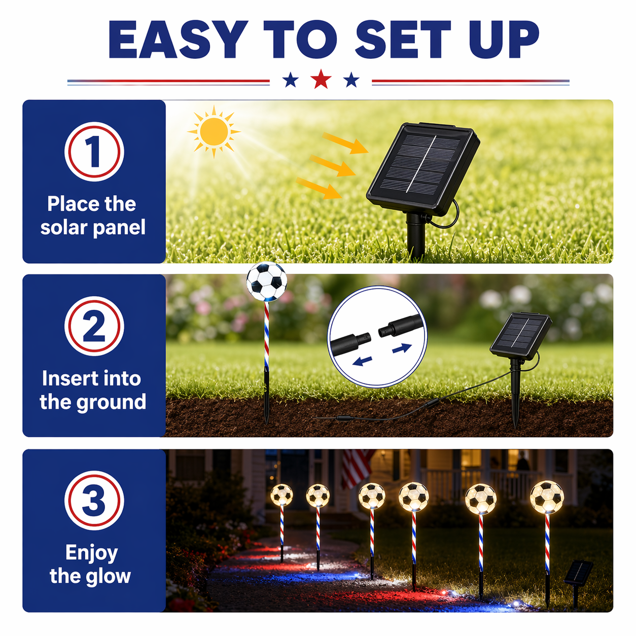 4th of July Outdoor Solar Soccer Pathway Lights
