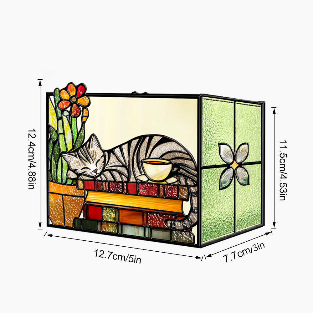 Sleeping striped cat on books desk organizer design with dimensions
