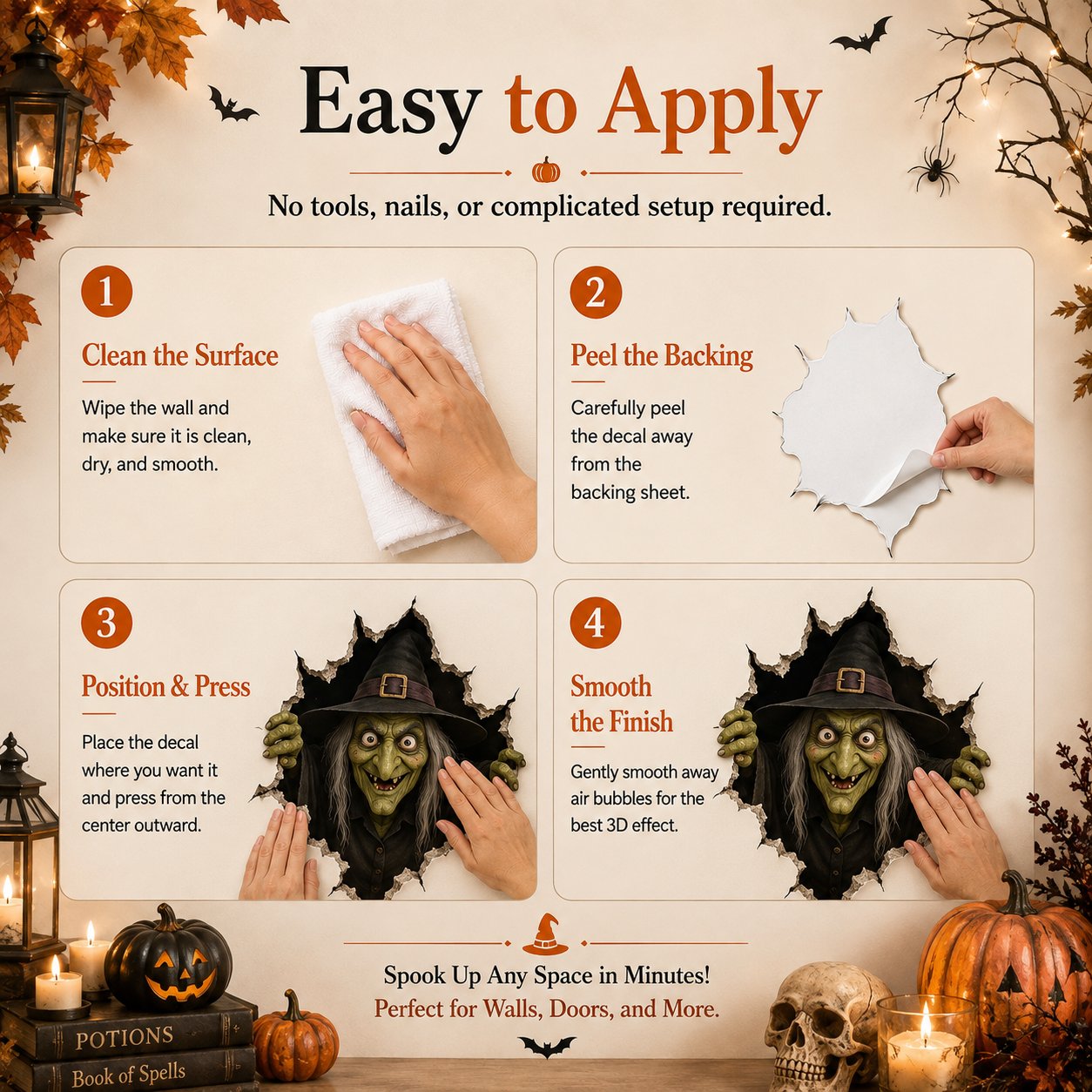 Easy application steps for Halloween wall decal