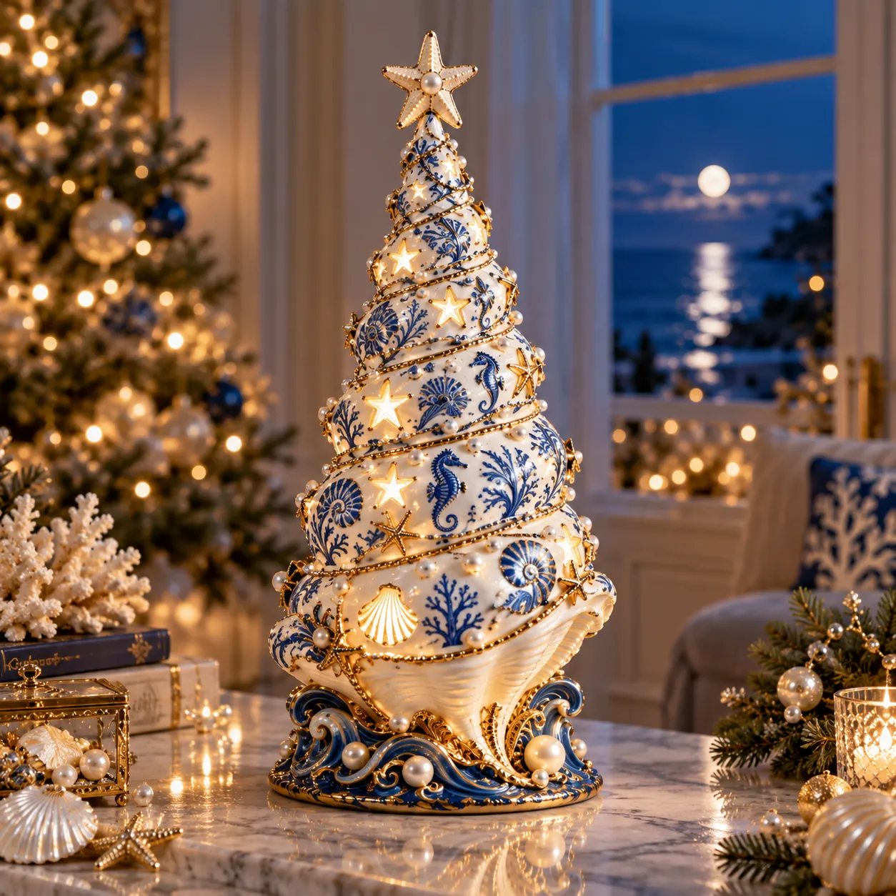 Blue and white Coastal Christmas Seashell Tree with illuminated details