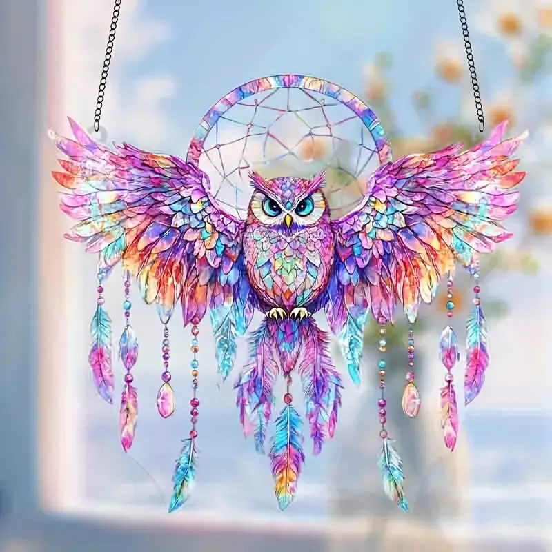 boho chic owl dream catcher colorful glass   spiritual wall art decor for home office perfect indoor outdoor gift bohemian style   christmas gift details 3