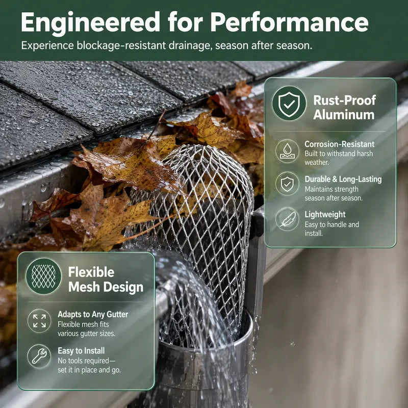 Flexible aluminum mesh downspout strainer