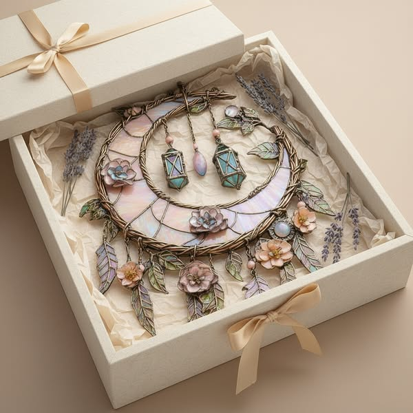 🌙Hand-Painted Moon and Floral Window Decor💖