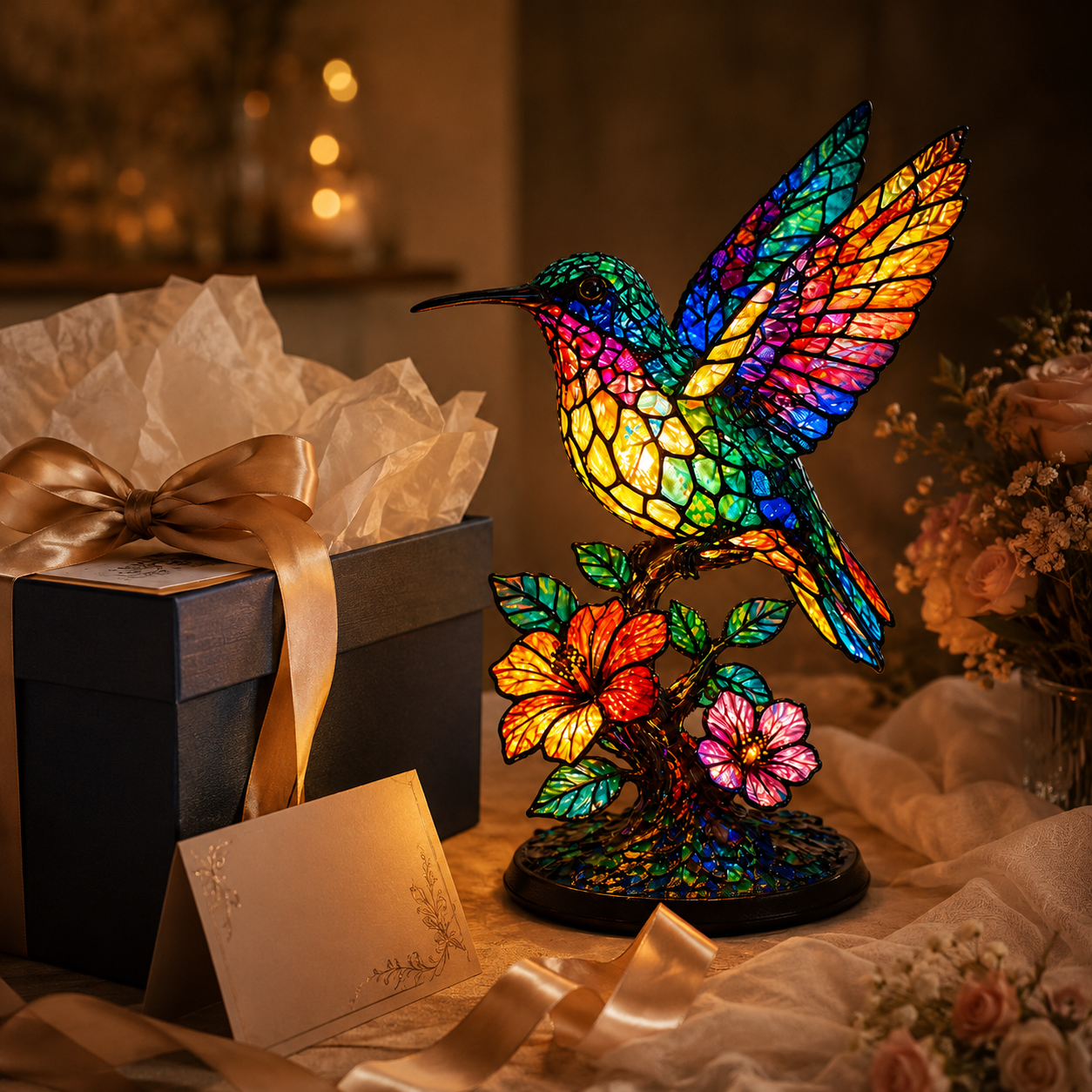 Hummingbird Stained-Glass Inspired Art Lamp