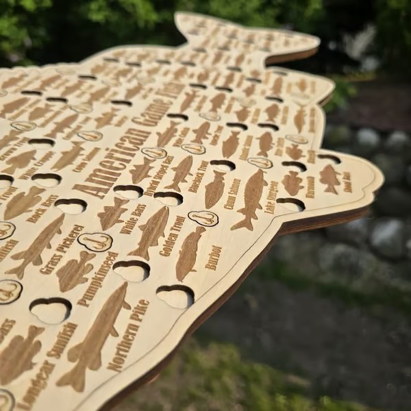 🎣 American Game Fish Sign with Hook Cutouts to Track Your Catch