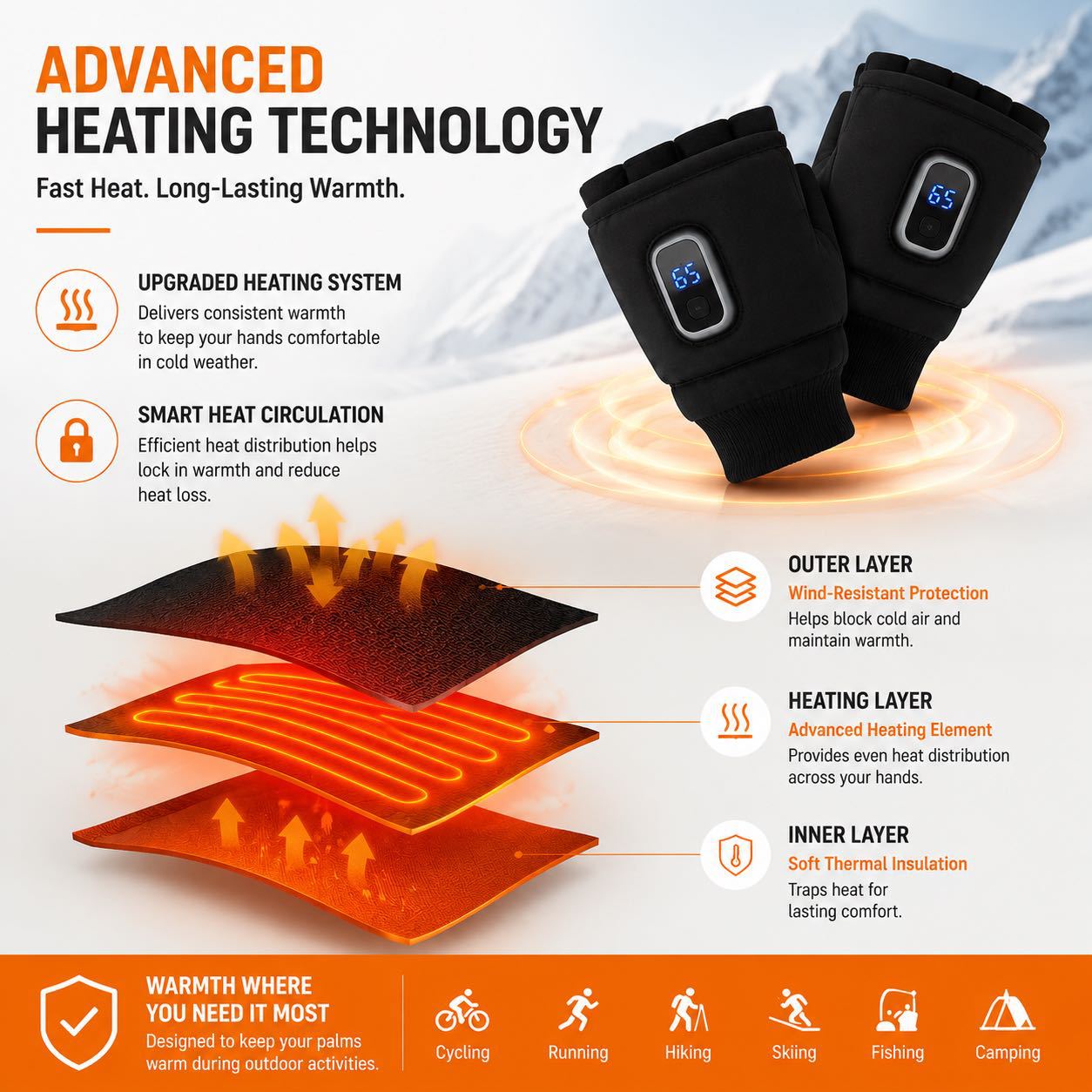 Graphene Heated Fingerless Gloves – 5 Heat Levels & Up to 10 Hours of Warmth