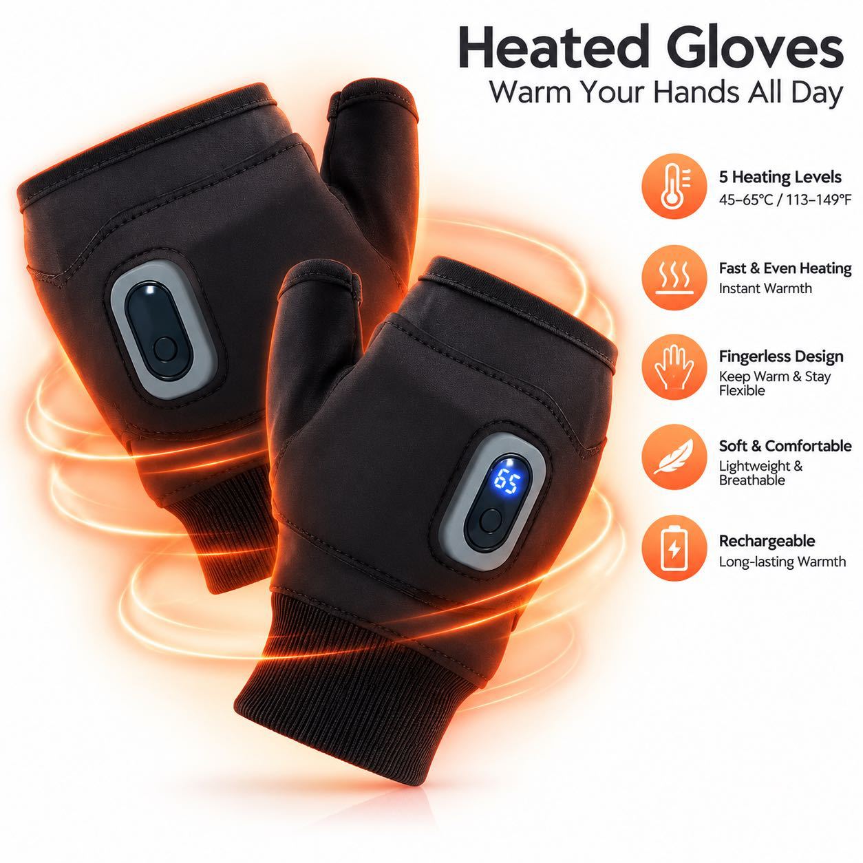 Graphene Heated Fingerless Gloves – 5 Heat Levels & Up to 10 Hours of Warmth