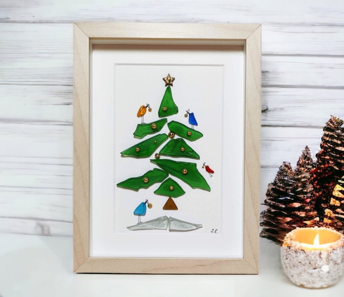 Sea Glass Christmas Tree/ Christmas Gifts/ Christmas Tree/ Sea Glass Picture/ Pebble & Sea Glass Art / Christmas Decoration/ 3D Art/ Framed image 1