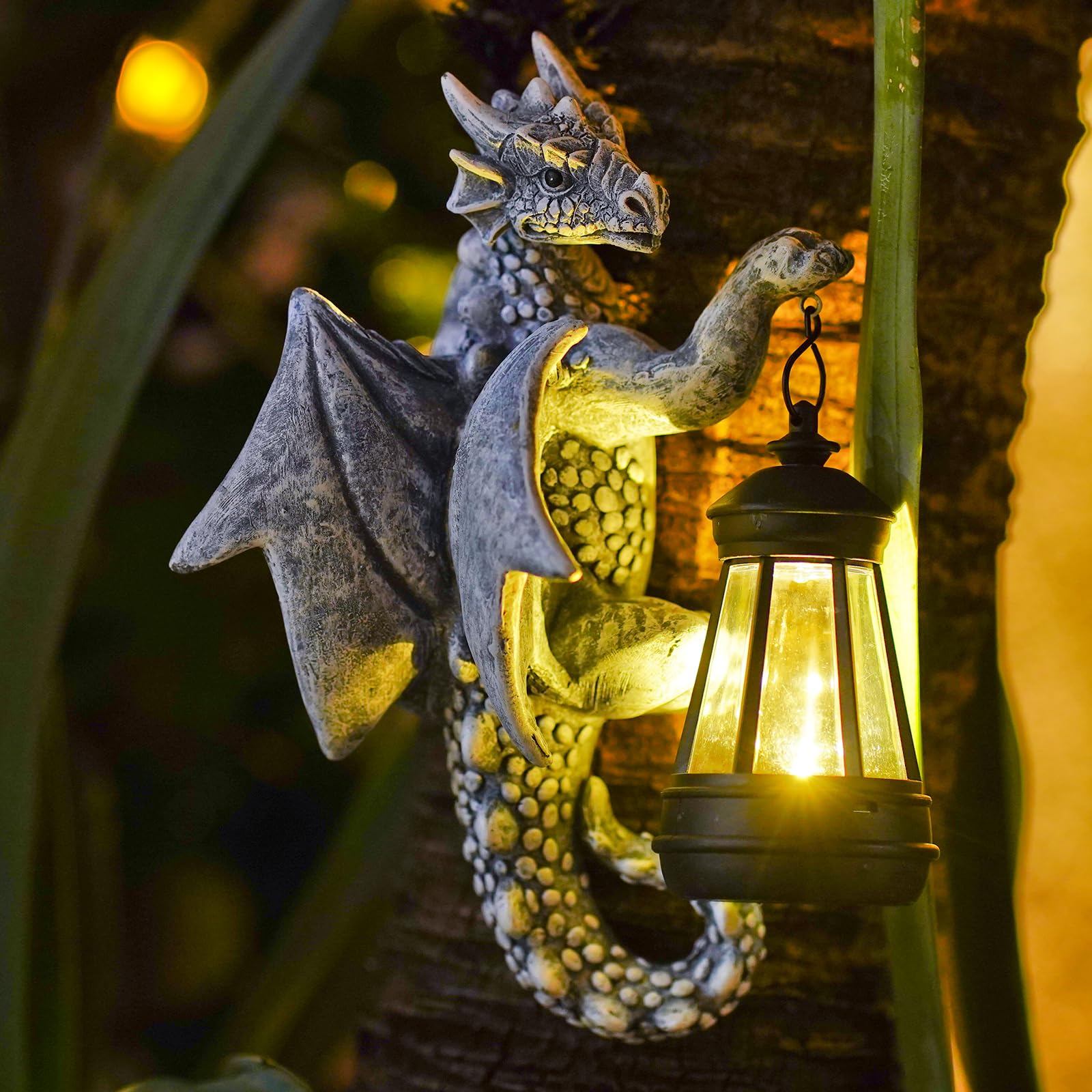 Dragon Tree Hugger Solar Lantern Garden Statue