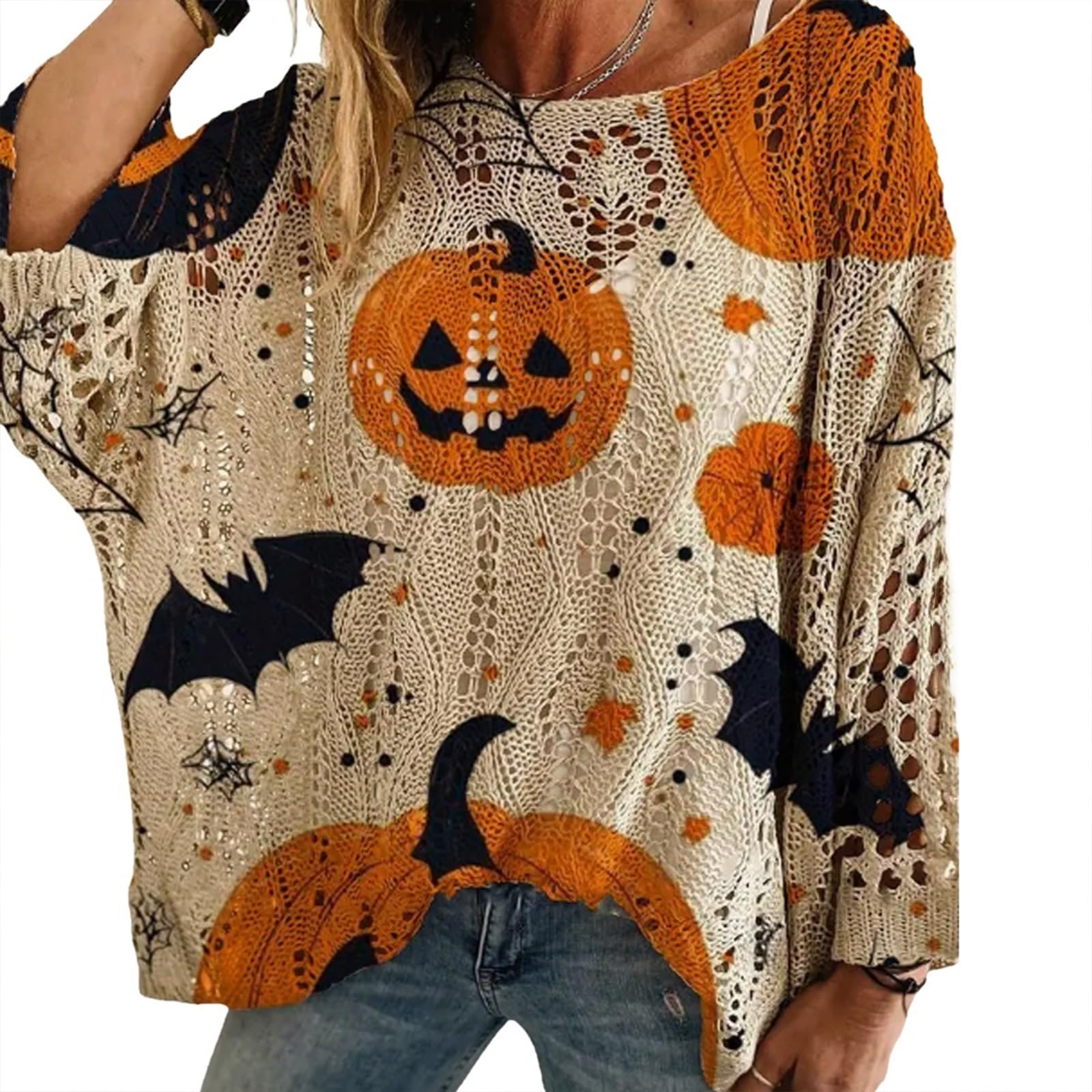 🎃Women's Halloween Pumpkin Print Long Sleeve Knit Top