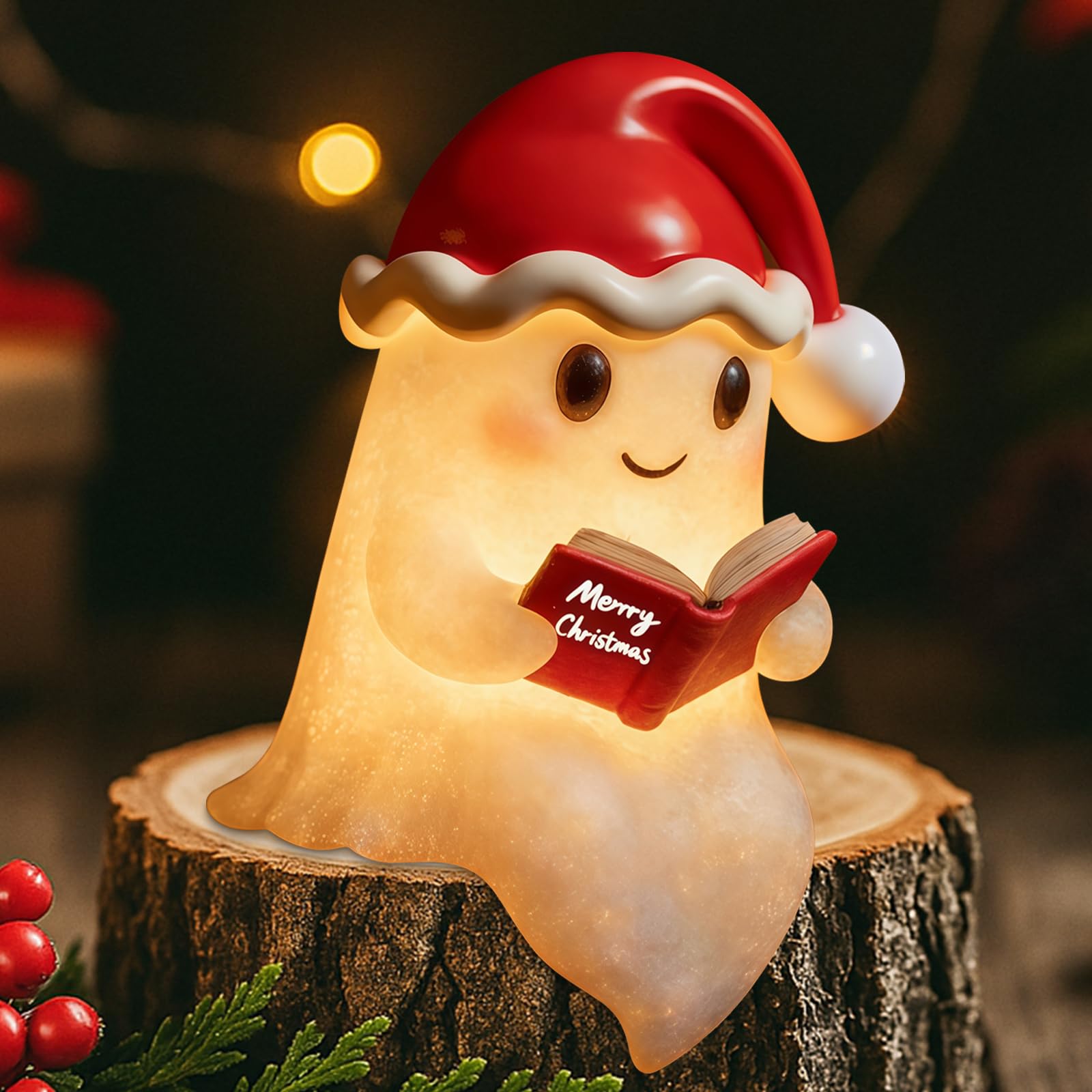Christmas Hat Cute Ghost Reading Book Lamp