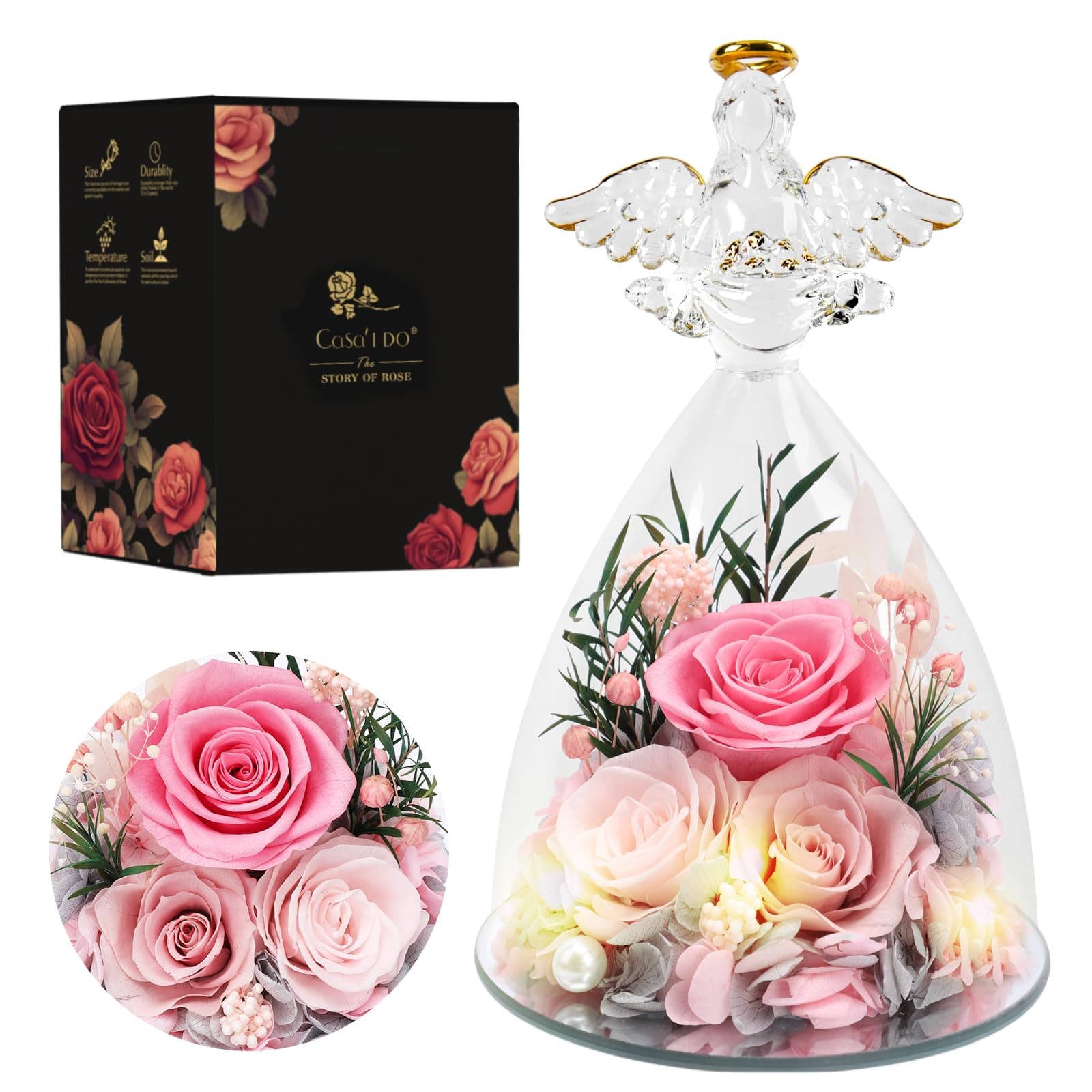 Preserved Rose Angel Gift with LED Lights