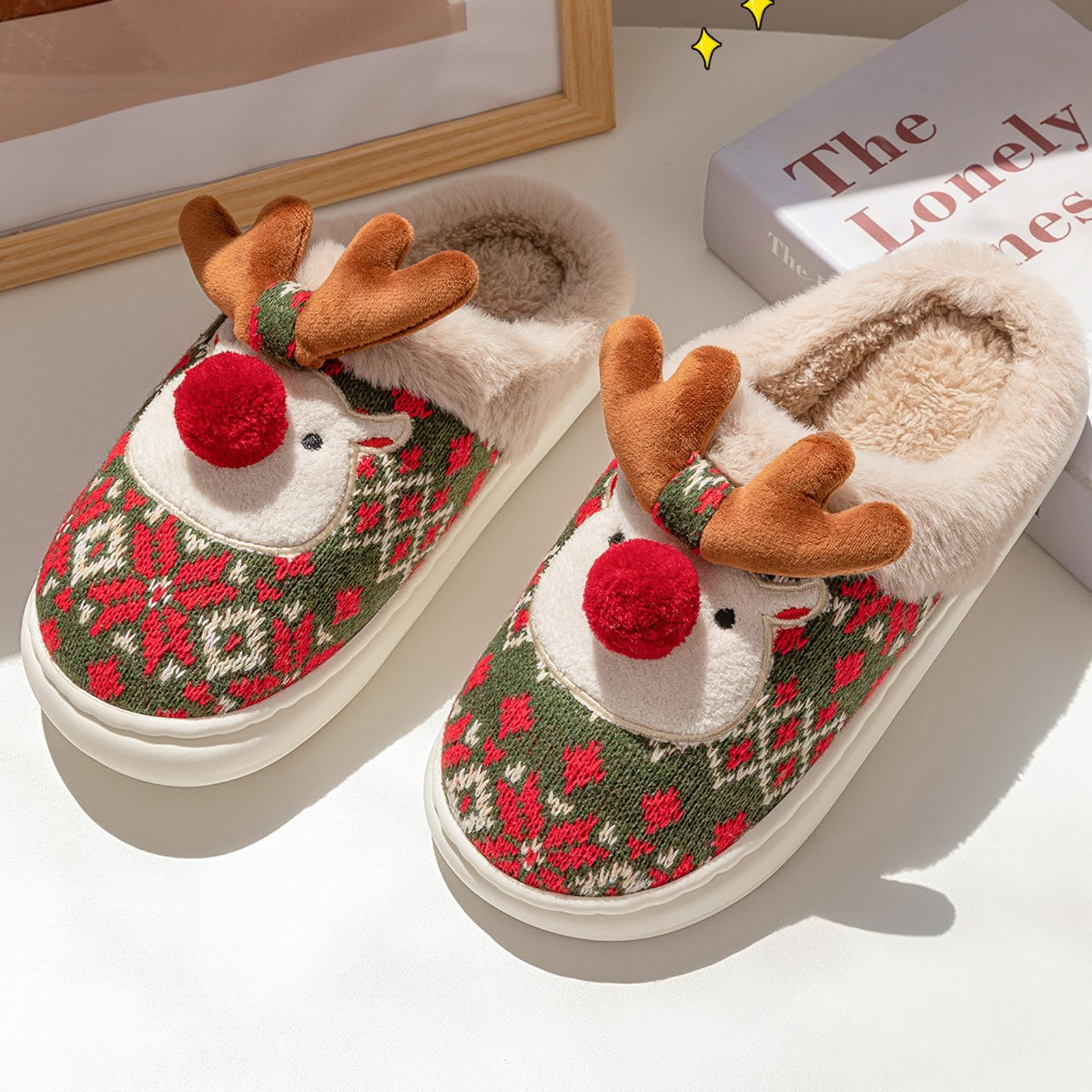 Fluffy Christmas Slipper with Reindeer for Women