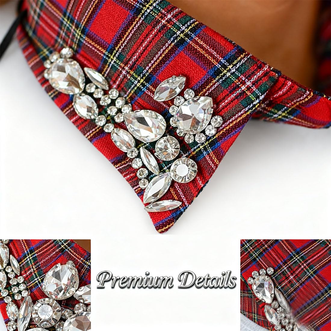 Red Christmas Plaid Rhinestone Detachable Half Shirt Blouse False Collar