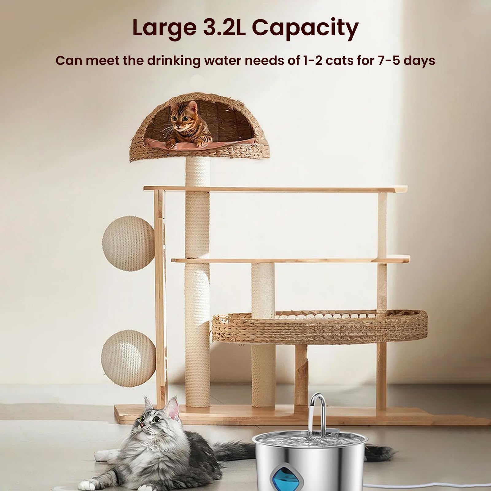 Stainless Steel Water Fountain for Cats & Dogs with Visual Water Level