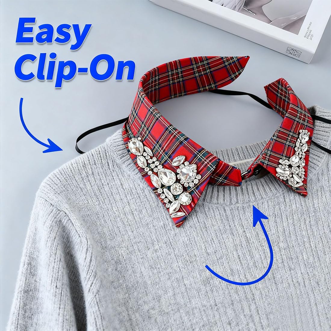 Red Christmas Plaid Rhinestone Detachable Half Shirt Blouse False Collar