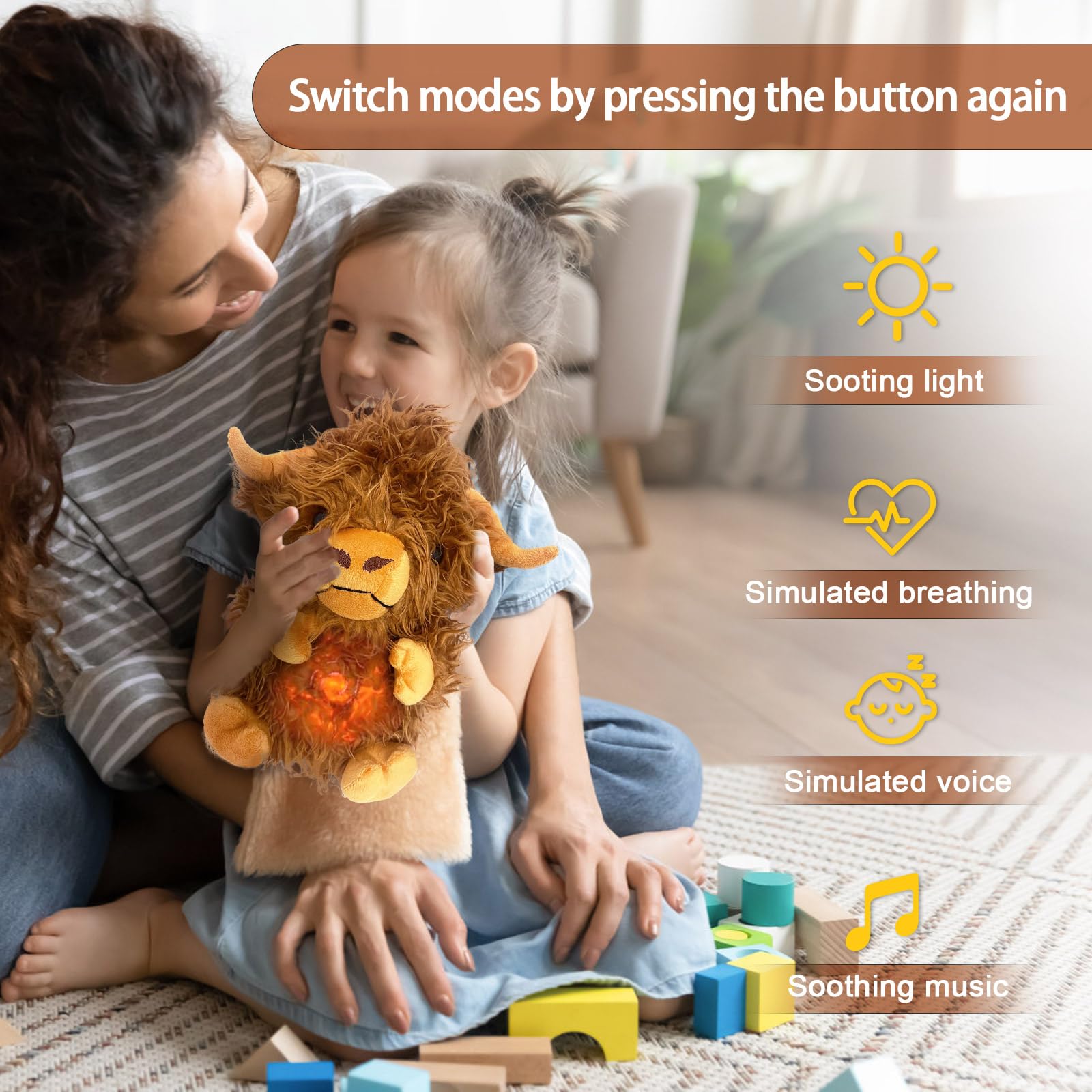 Soothing Breathing Highland Cow Stuffed Animal With Realistic Breathing Action and Lighted Music