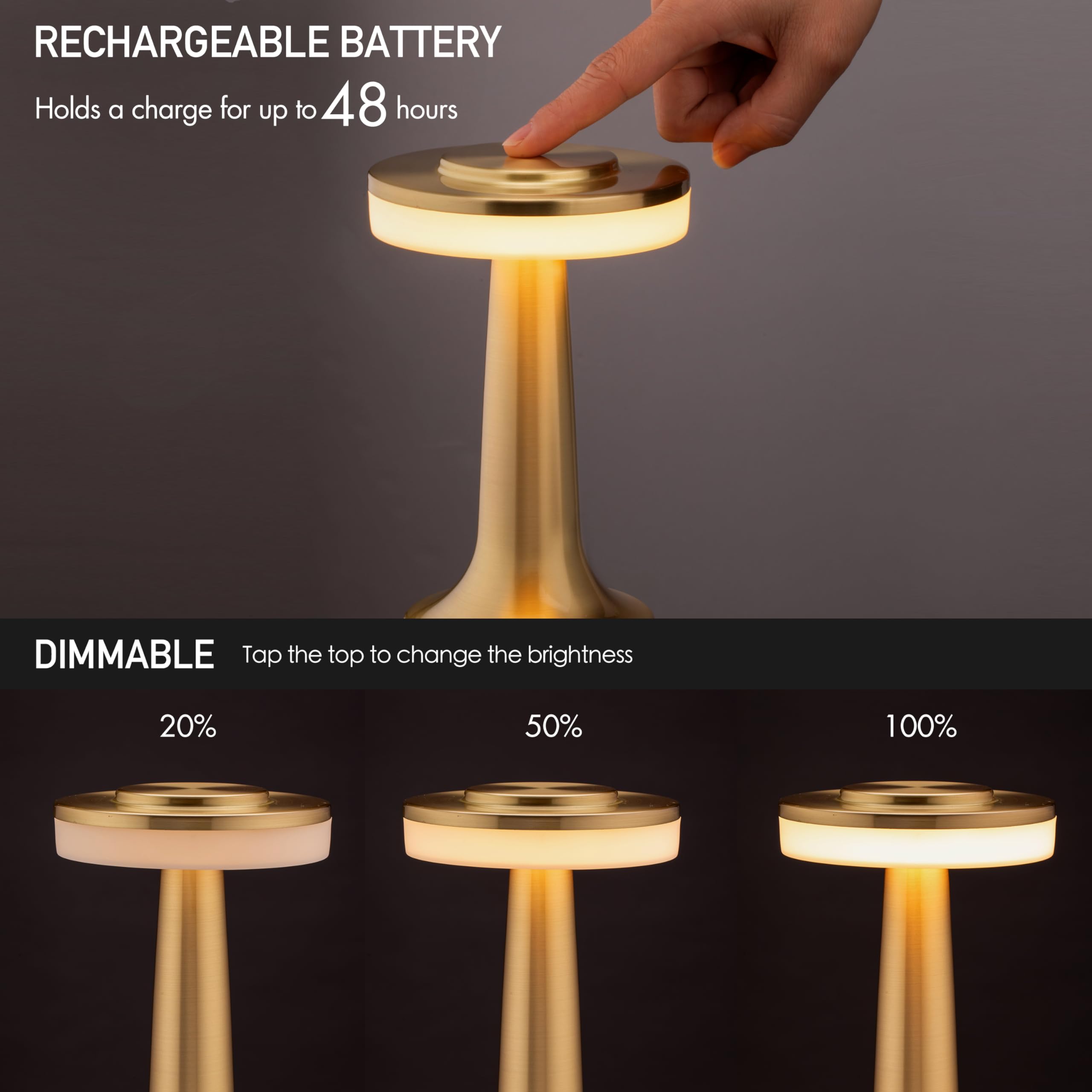Gold Cordless Table Lamp with Touch Sensor