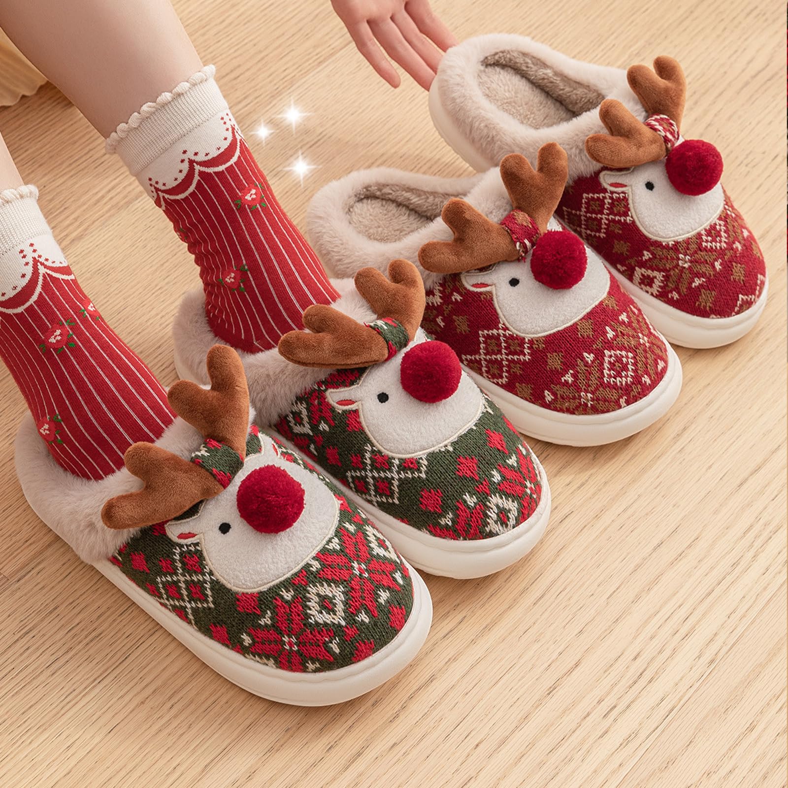 Fluffy Christmas Slipper with Reindeer for Women