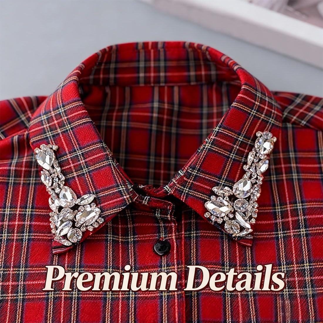 Red Christmas Plaid Rhinestone Detachable Half Shirt Blouse False Collar