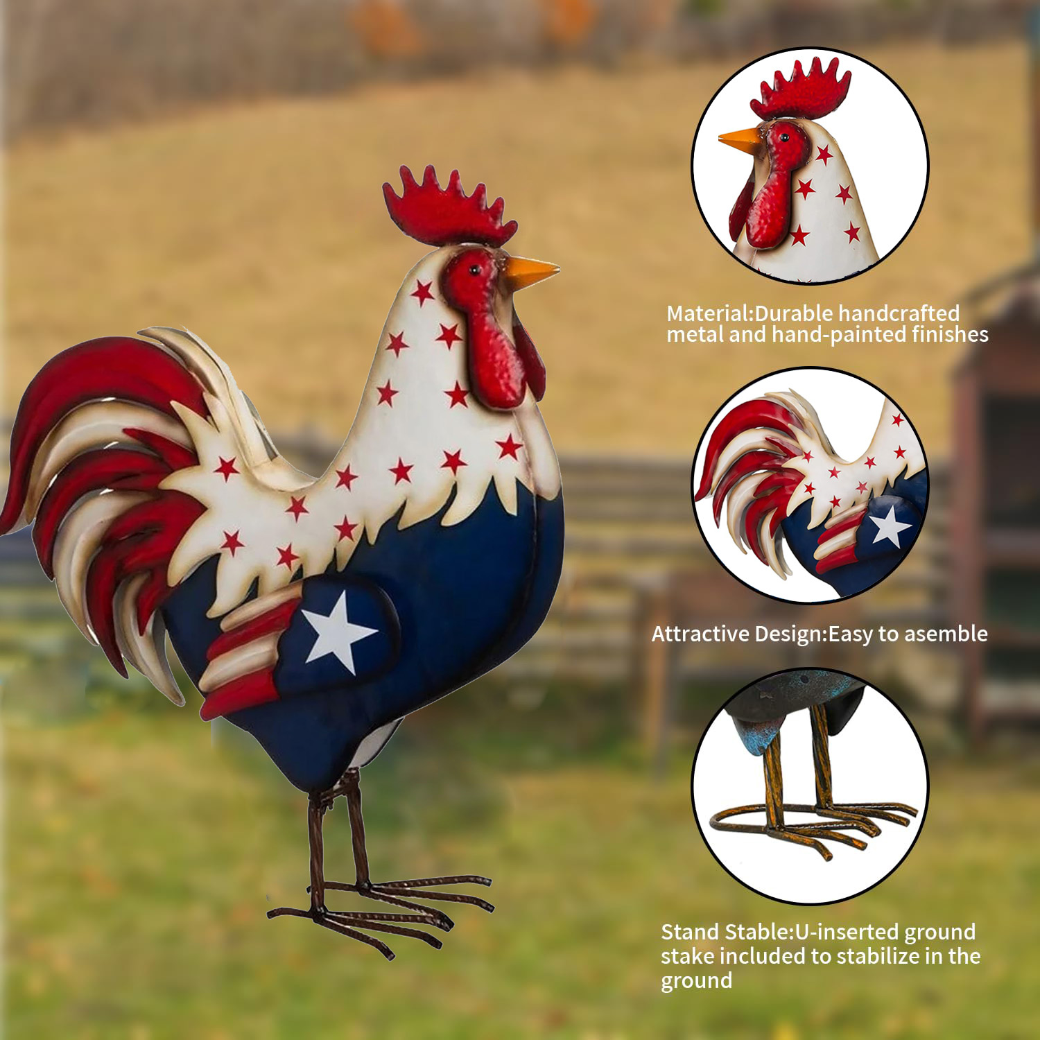 Metal Patriotic Rooster Statue