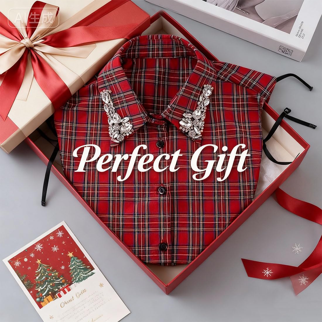 Red Christmas Plaid Rhinestone Detachable Half Shirt Blouse False Collar
