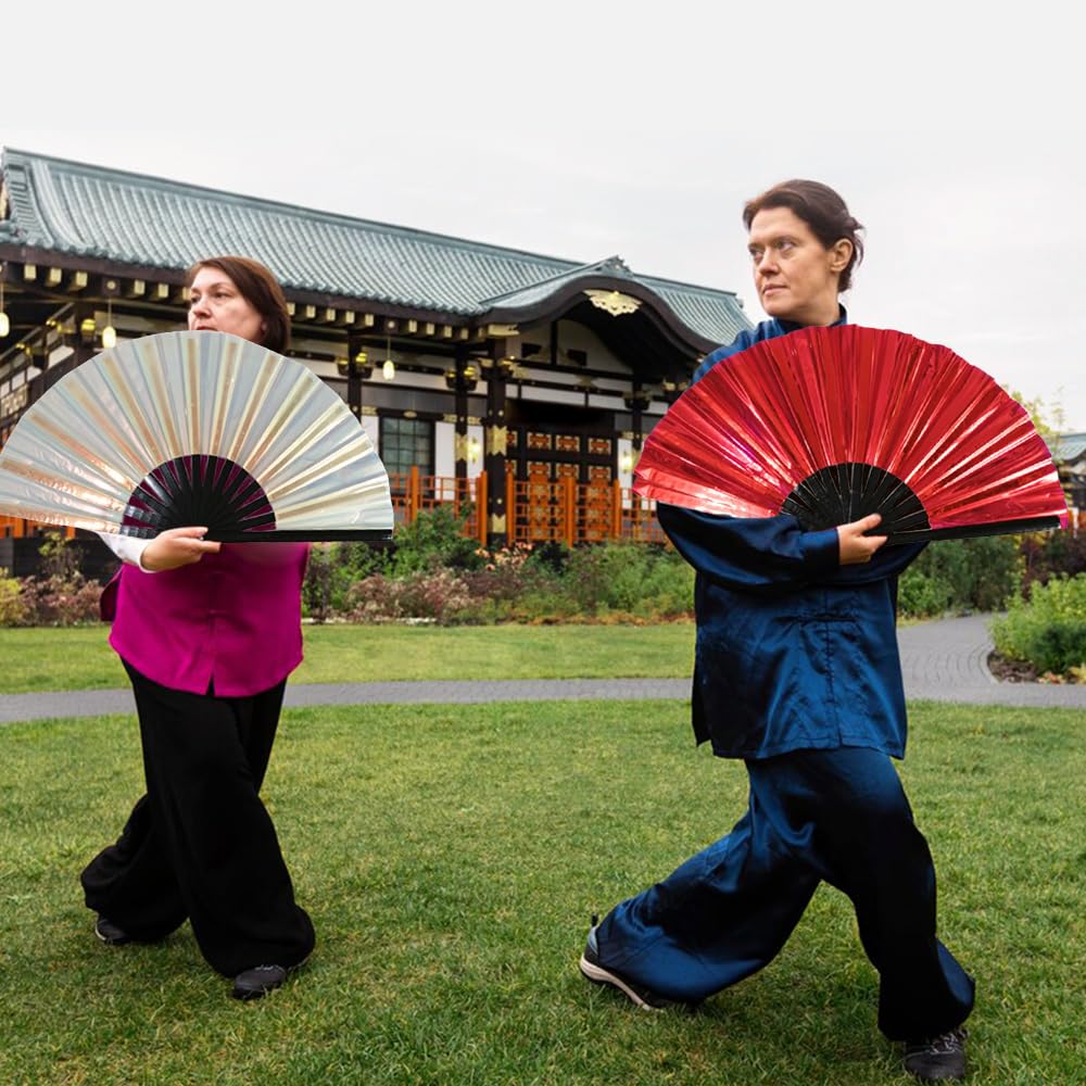 2025 New Large Holographic Folding Hand Fan Line Dance Popping Fan