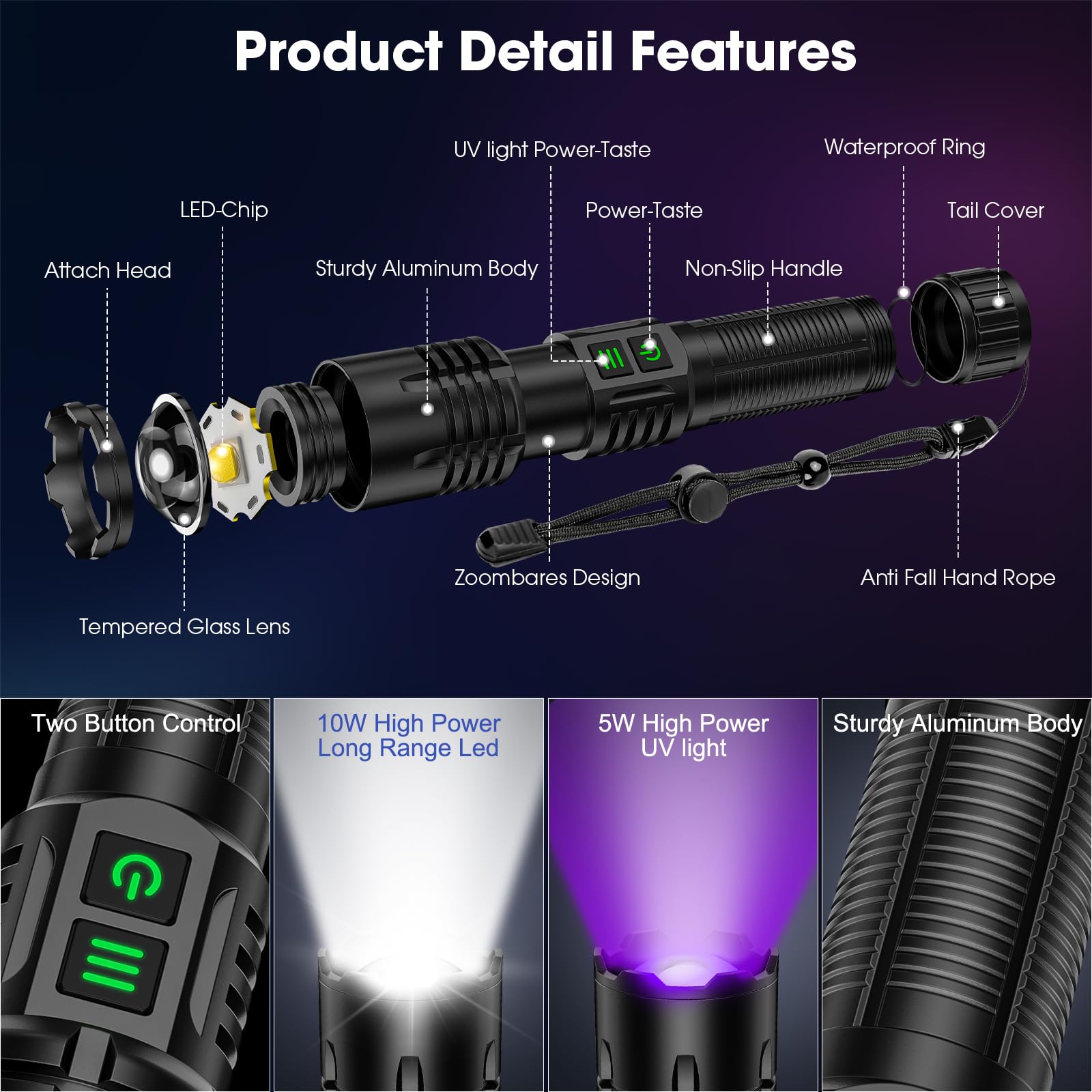 UV Blacklight&High Lumens Flashlight Rechargeable