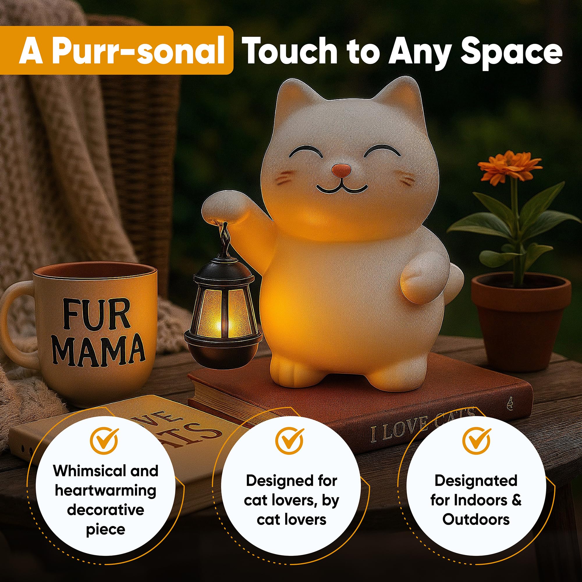Solar Cat Garden Statue with Lantern
