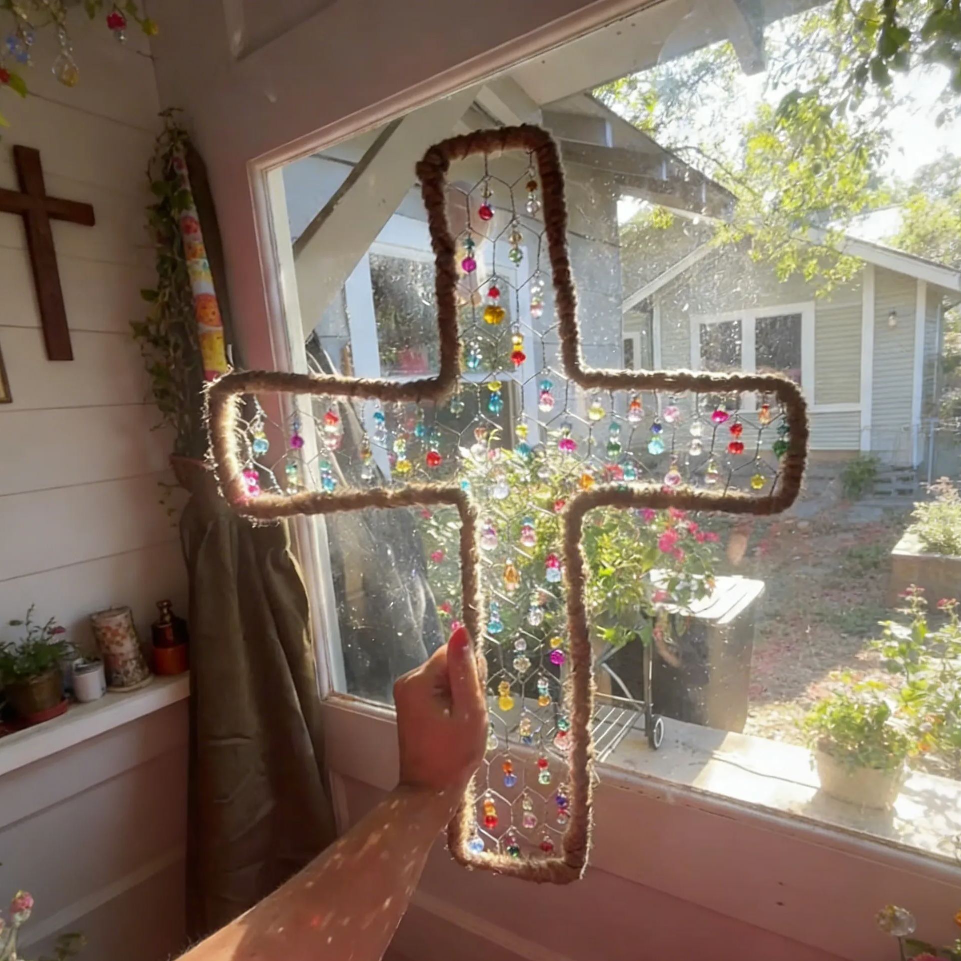 Handmade Cross Suncatcher | Rustic Beaded Chicken Wire Window Decor