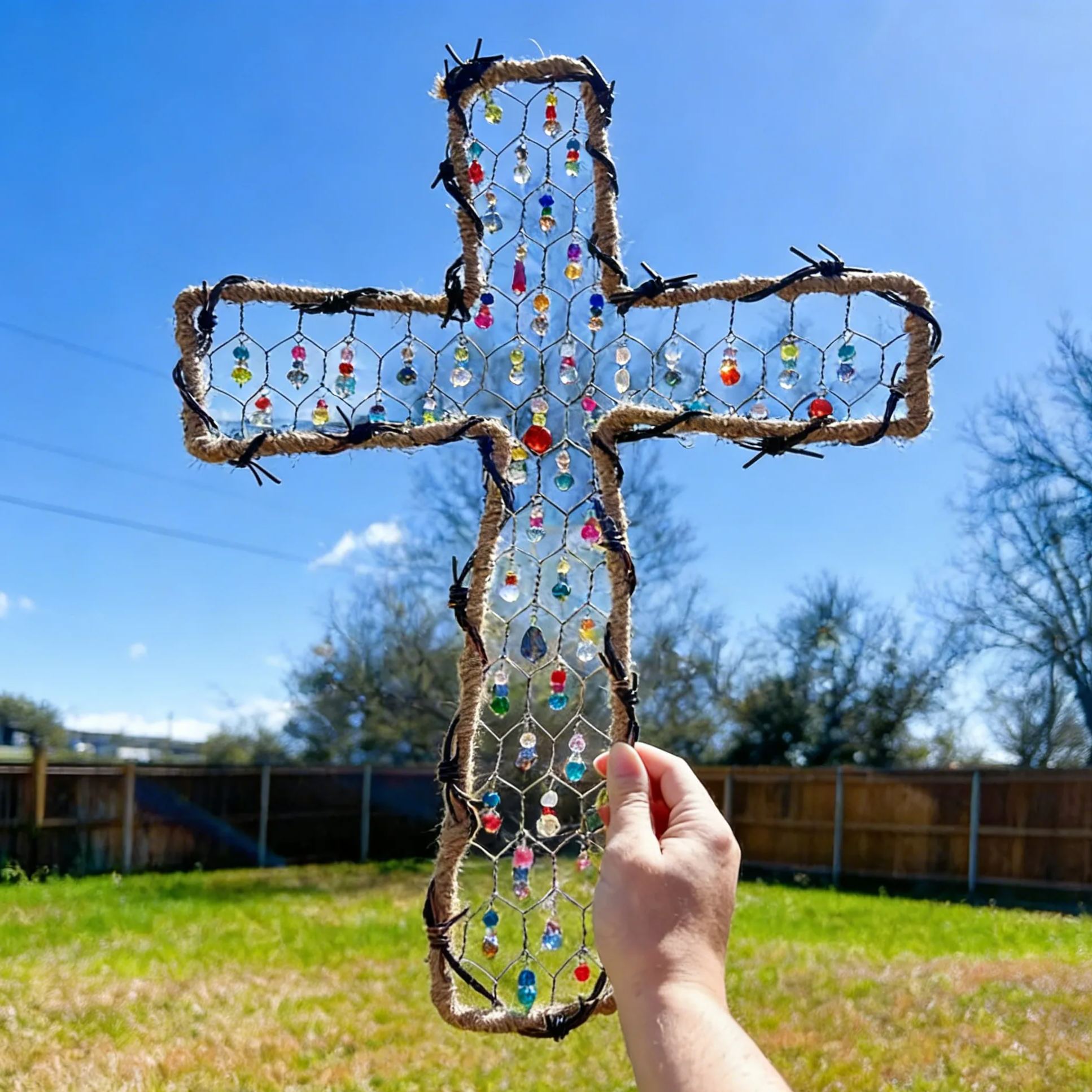 Handmade Cross Suncatcher | Rustic Beaded Chicken Wire Window Decor