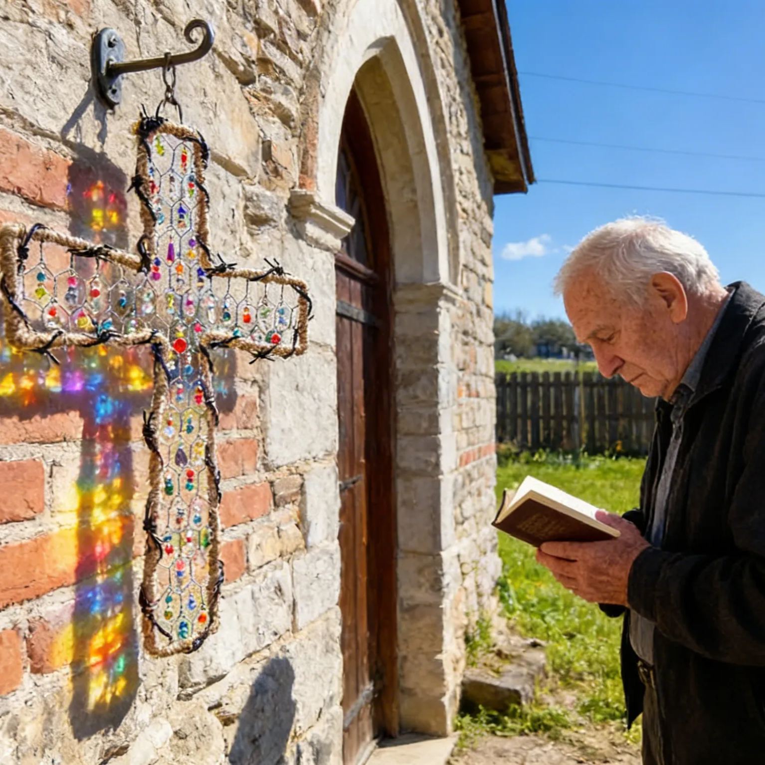 Handmade Cross Suncatcher | Rustic Beaded Chicken Wire Window Decor