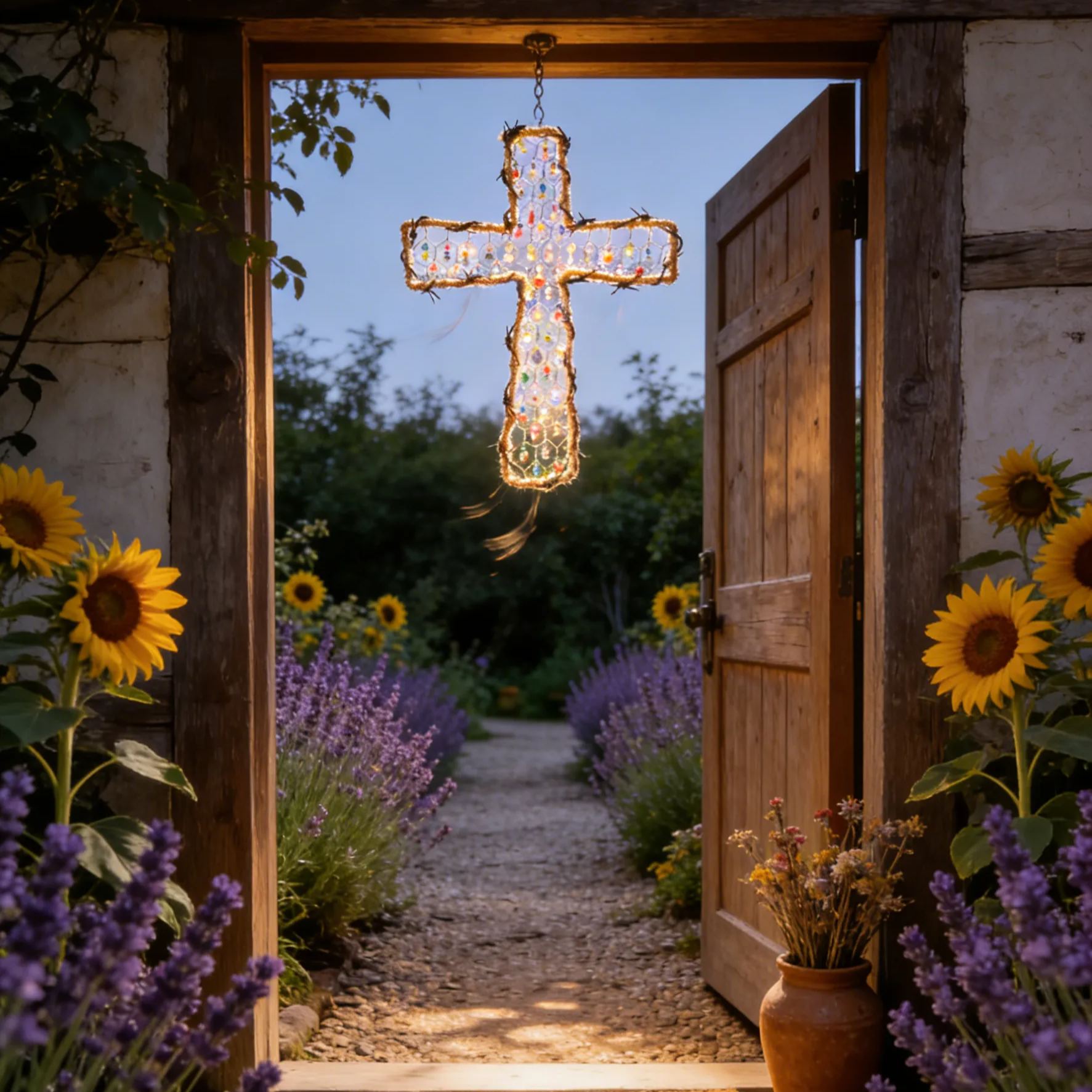 Handmade Cross Suncatcher | Rustic Beaded Chicken Wire Window Decor