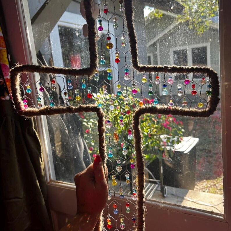 Handmade Cross Suncatcher | Rustic Beaded Chicken Wire Window Decor