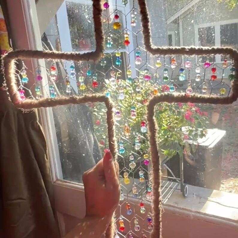 Handmade Cross Suncatcher | Rustic Beaded Chicken Wire Window Decor