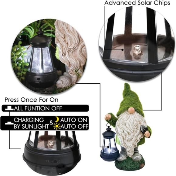 花园户外雕像，带太阳能灯的地精装饰，大型可爱植绒 - 图片 4 / 6