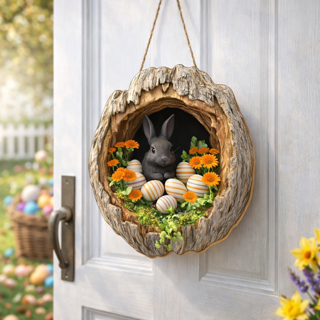 🌸 Easter Wooden Door Hanger – 3D Spring Bunny Decoration