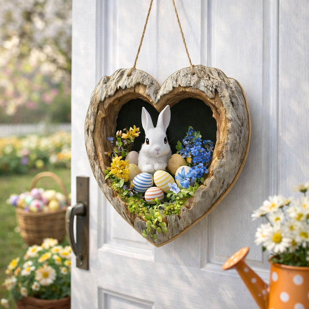 🌸 Easter Wooden Door Hanger – 3D Spring Bunny Decoration