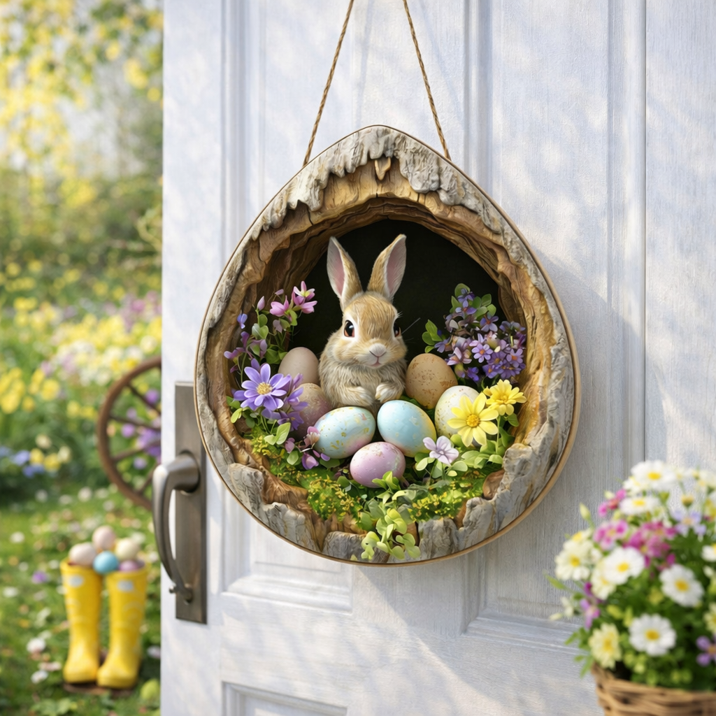 🌸 Easter Wooden Door Hanger – 3D Spring Bunny Decoration