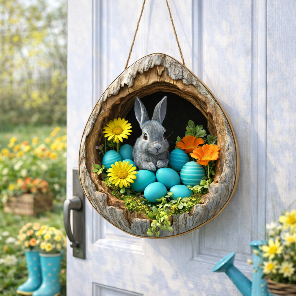 🌸 Easter Wooden Door Hanger – 3D Spring Bunny Decoration