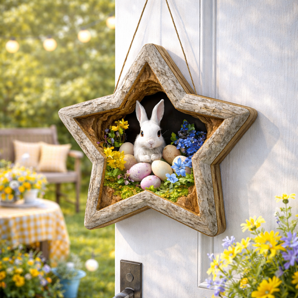 🌸 Easter Wooden Door Hanger – 3D Spring Bunny Decoration