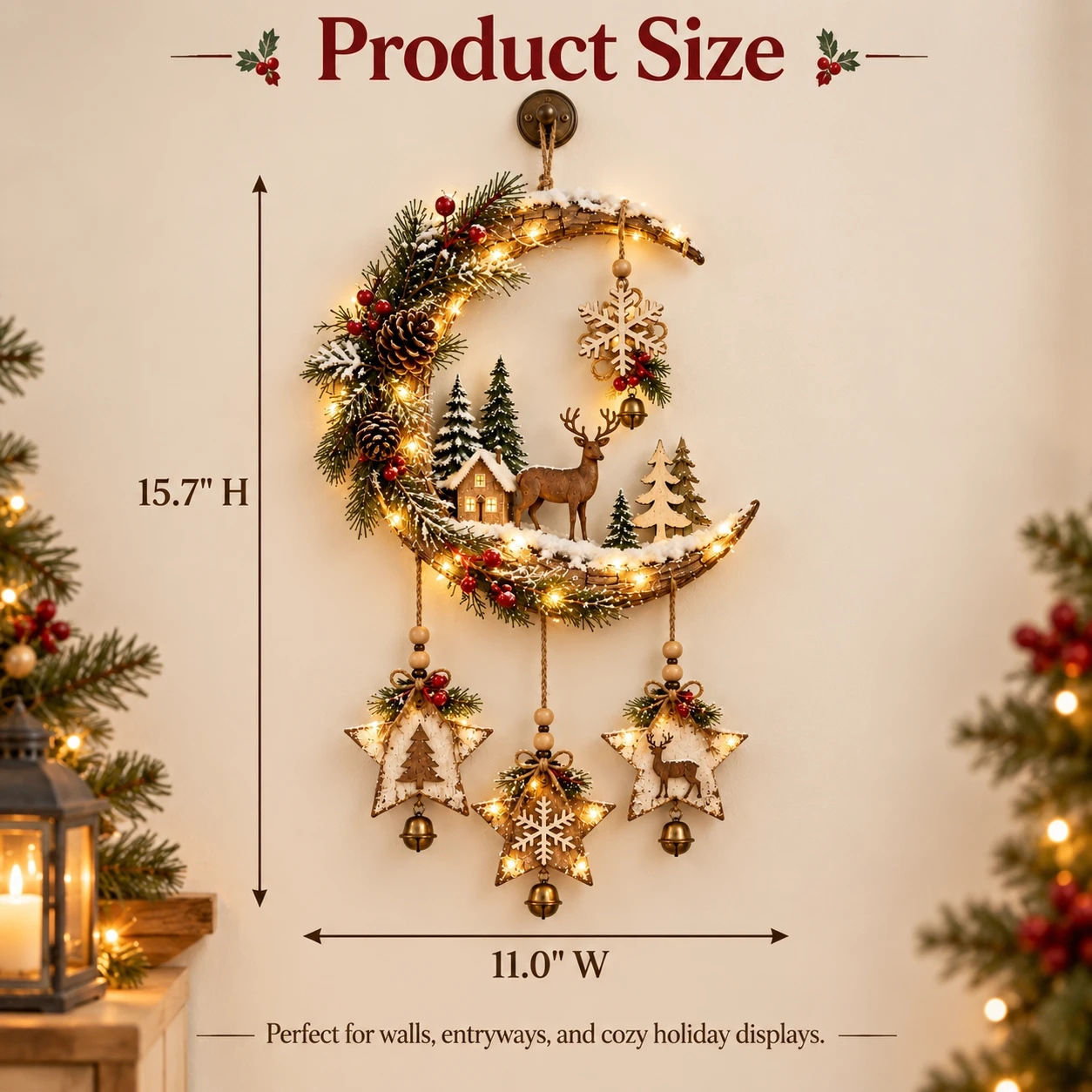 🌙🦌Lighted Rustic Christmas Crescent Moon Wall Decor