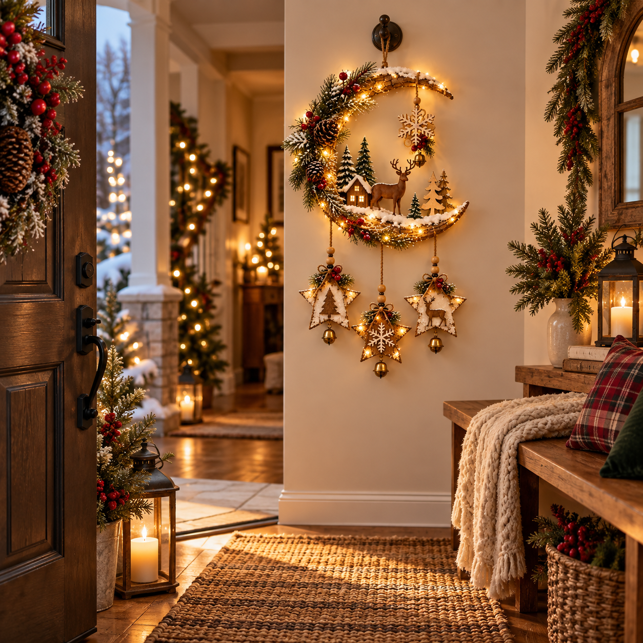 🌙🦌Lighted Rustic Christmas Crescent Moon Wall Decor