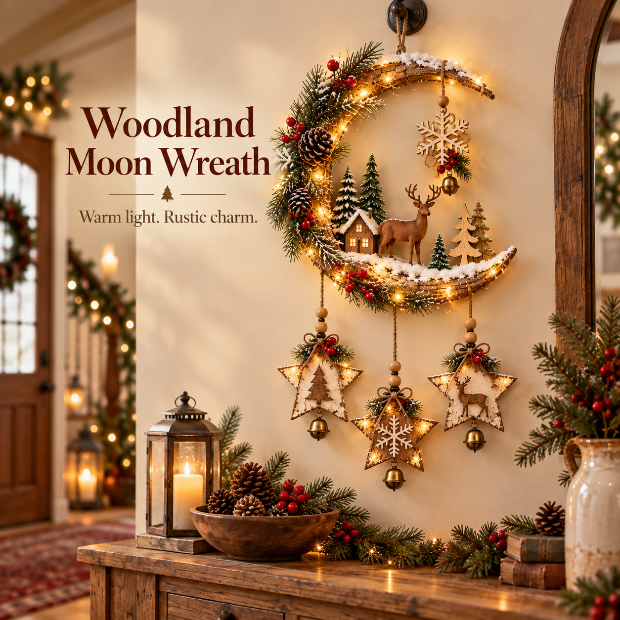 🌙🦌Lighted Rustic Christmas Crescent Moon Wall Decor