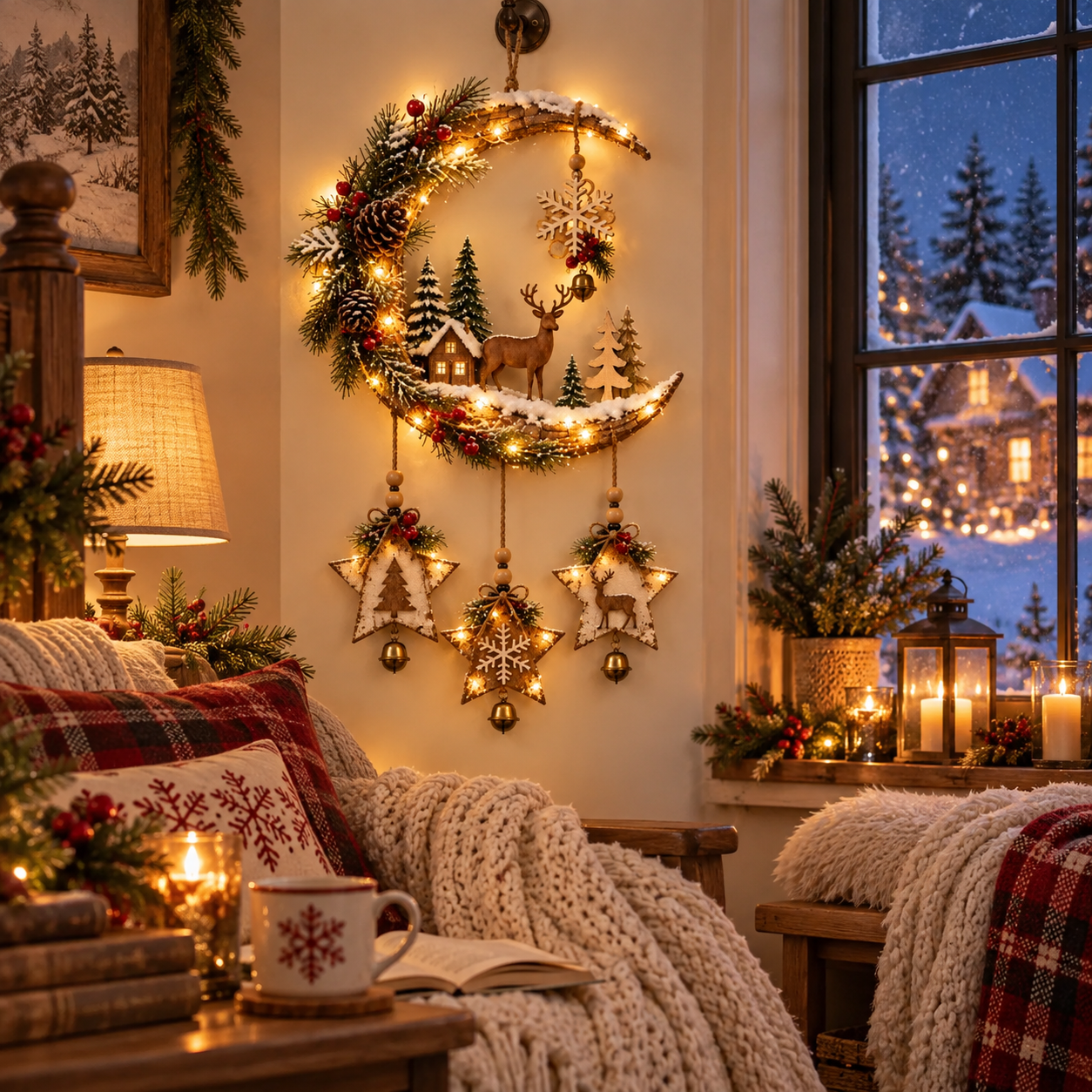 🌙🦌Lighted Rustic Christmas Crescent Moon Wall Decor