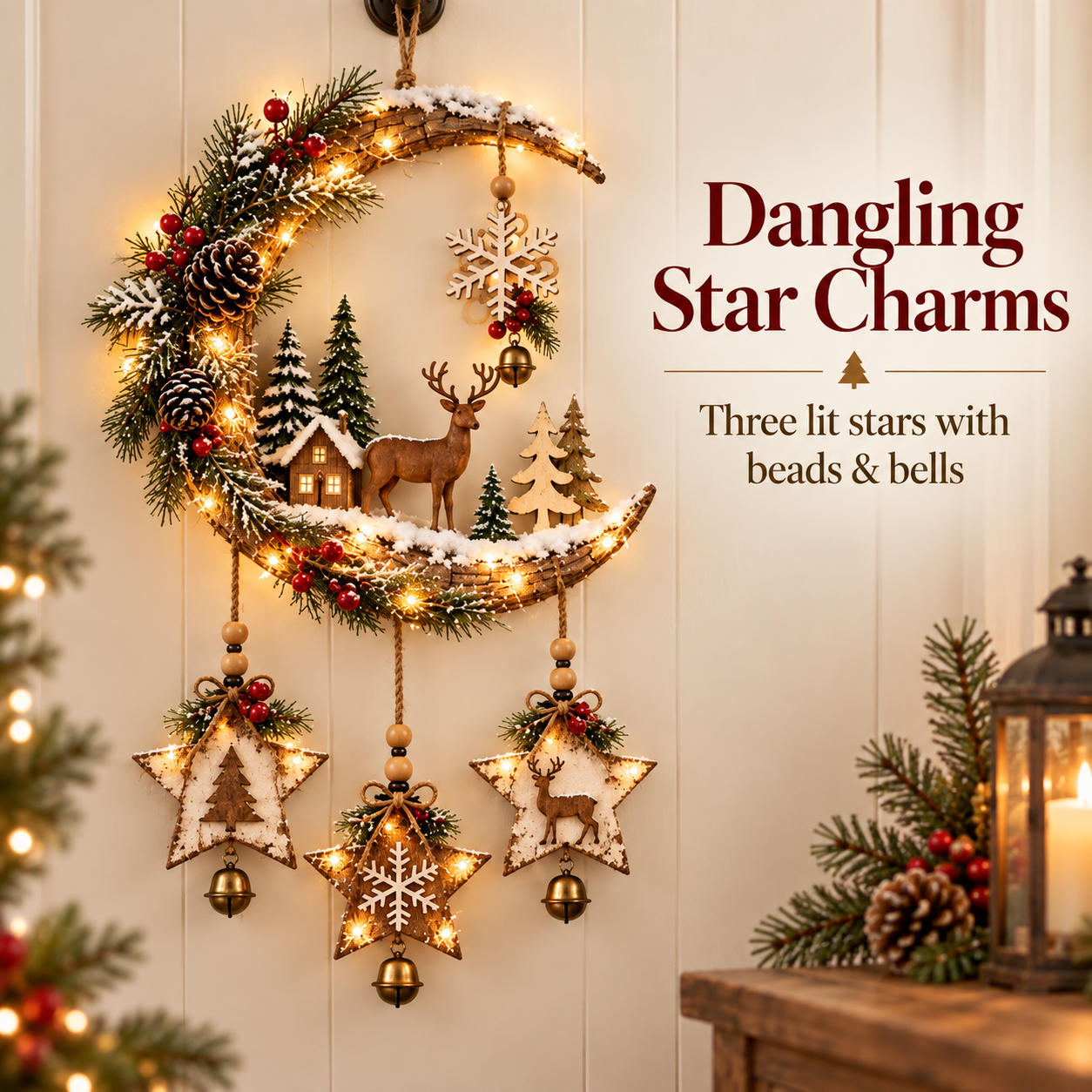 🌙🦌Lighted Rustic Christmas Crescent Moon Wall Decor